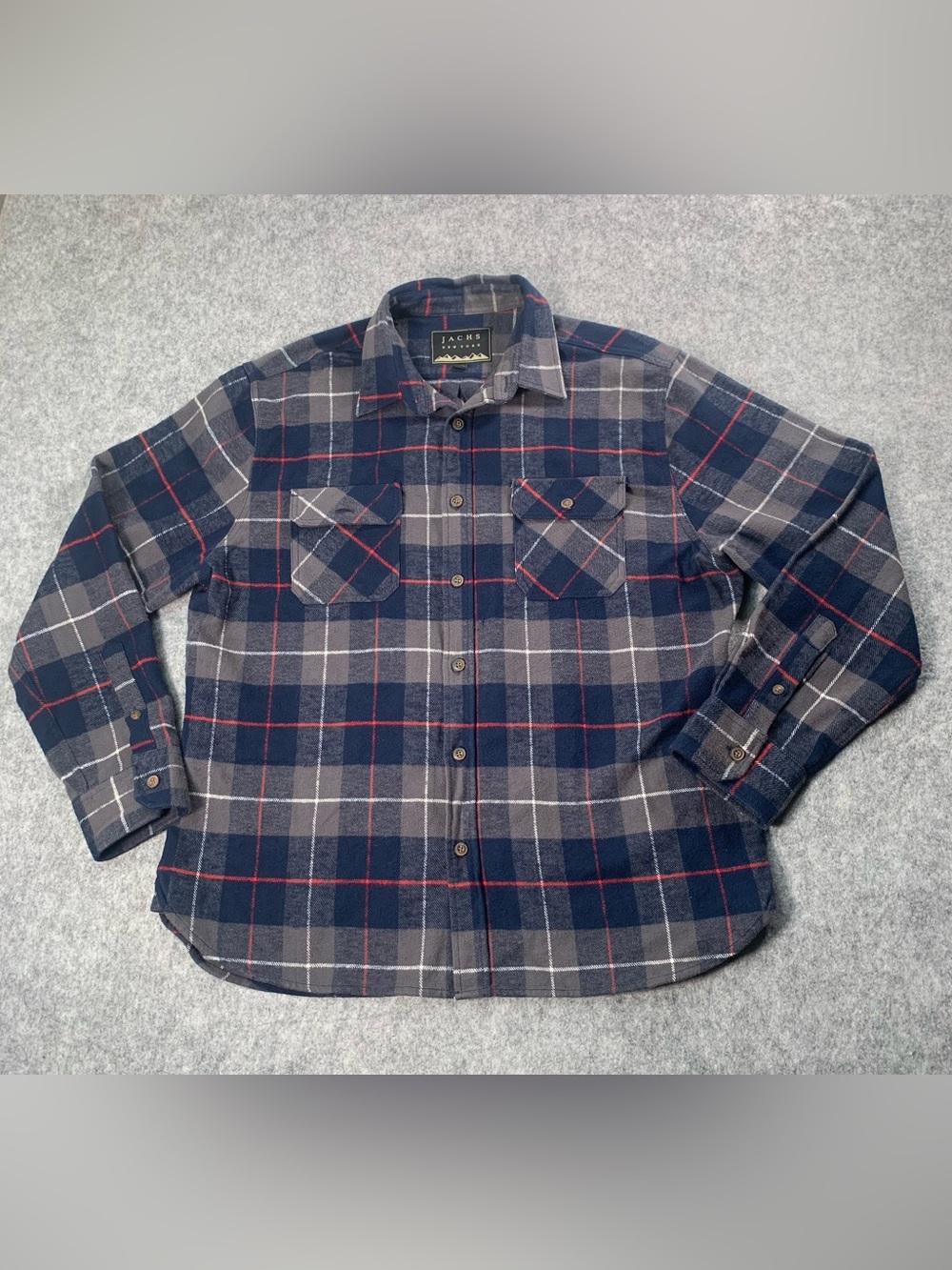 Jachs Men's Navy and Gray Plaid Button-Down Shirt with Red Accents